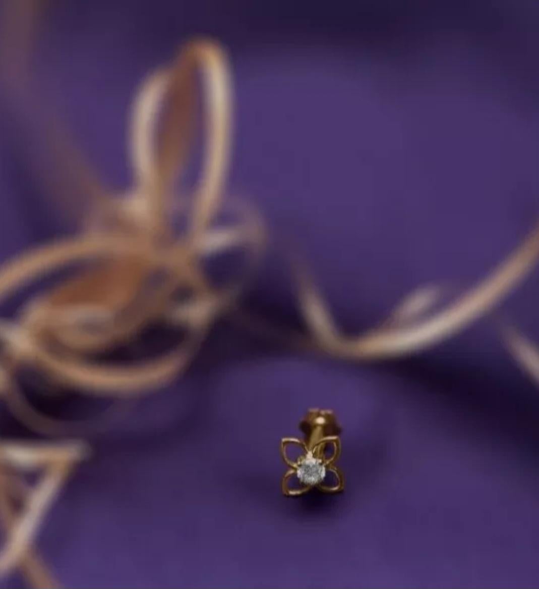 Art Deco Natural Diamond Nose Pin 14K Solid Gold Pin For Women Body Jewelry Birthday Gift For Sale