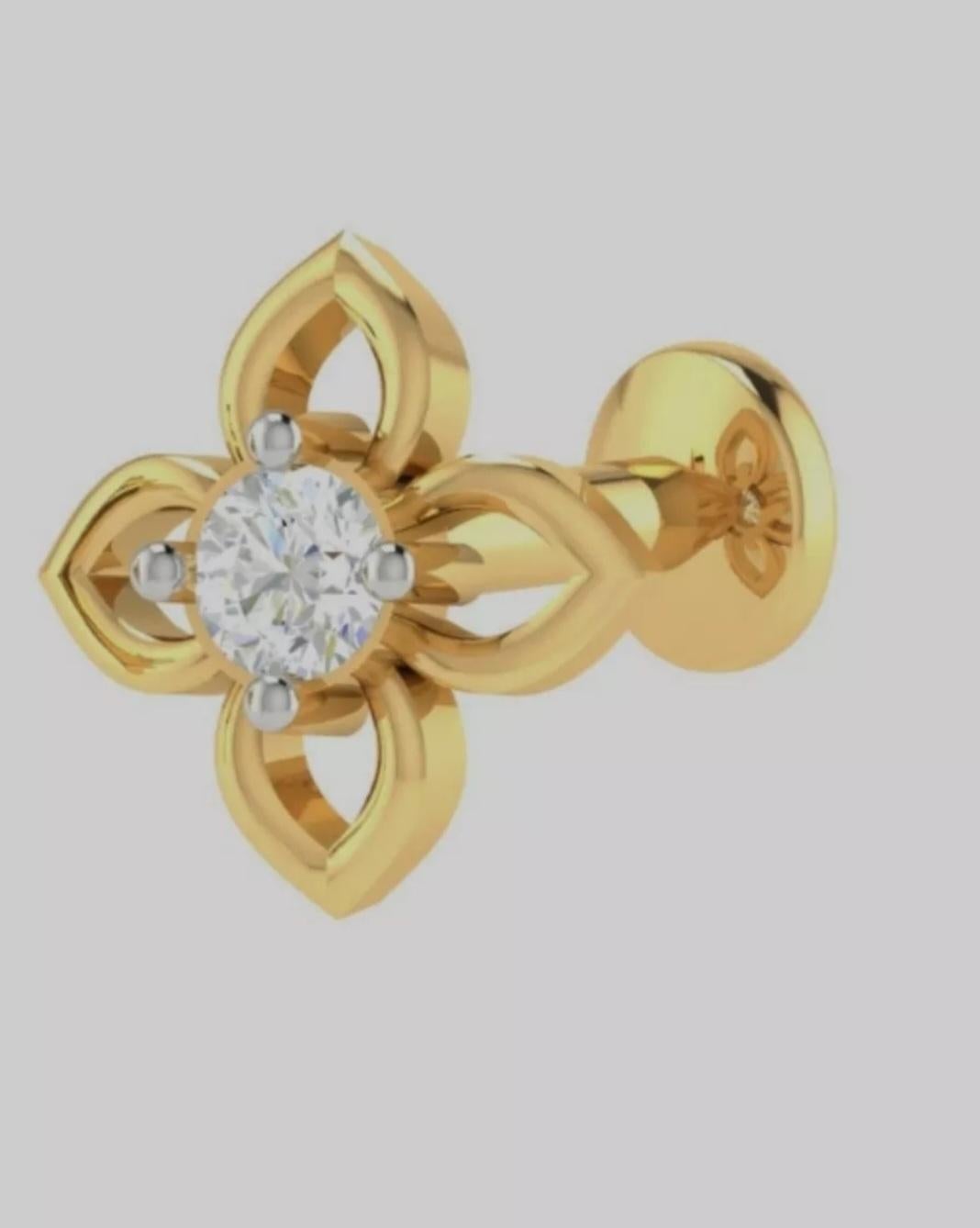 Round Cut Natural Diamond Nose Pin 14K Solid Gold Pin For Women Body Jewelry Birthday Gift For Sale