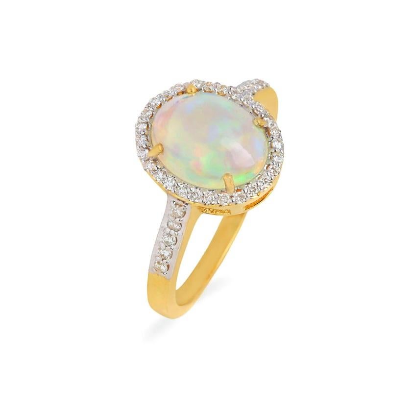 Taglio Asscher Anello con diamante naturale e opale in oro 14K in vendita