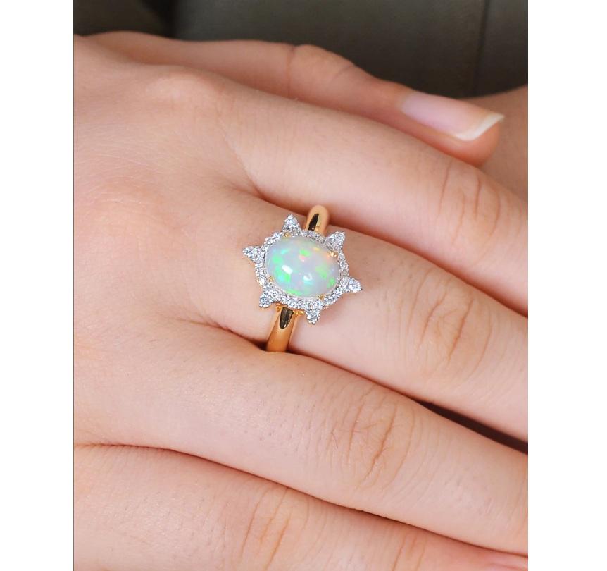 Anello con diamante naturale e opale in oro 14K in vendita 1