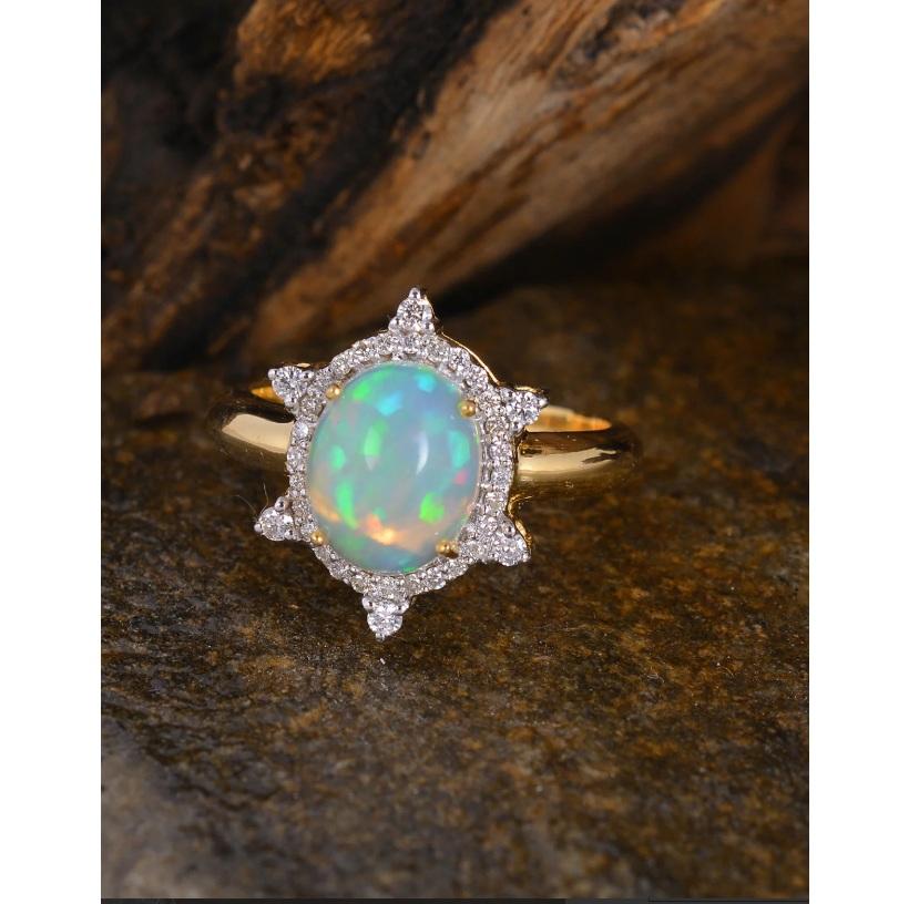 Anello con diamante naturale e opale in oro 14K in vendita 3