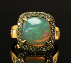 Natural Diamond Opal Ring Cushion 18K Gold Estate