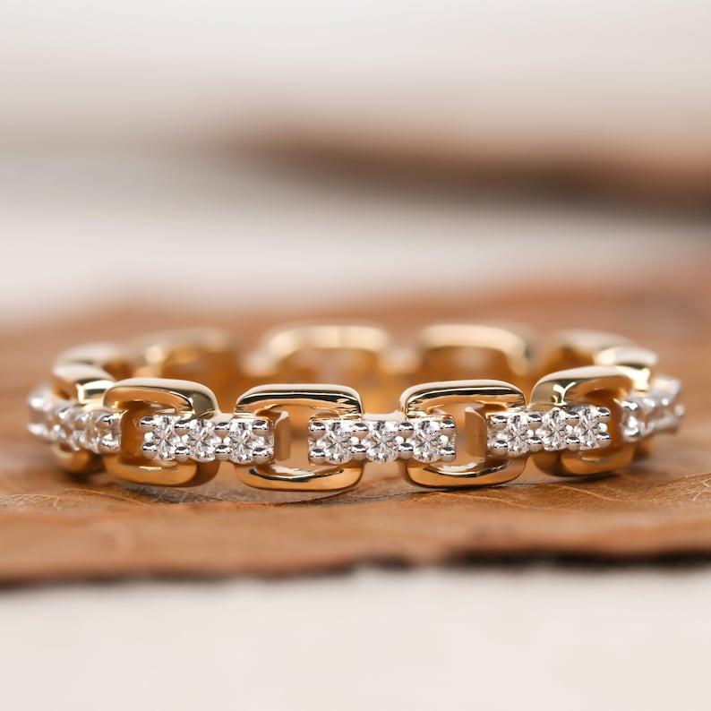 Anillo de compromiso de eslabón abierto con diamante natural Anillo de oro de 14k Anillo de cadena de eslabones para ella. Art Decó en venta