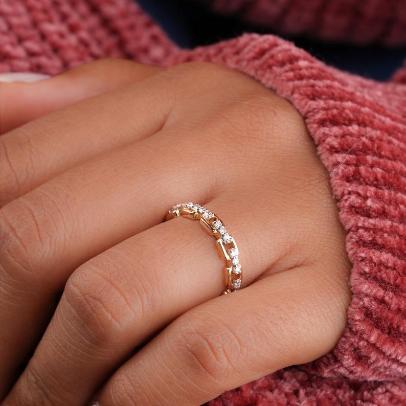 Femenino o masculino Anillo de compromiso de eslabón abierto con diamante natural Anillo de oro de 14k Anillo de cadena de eslabones para ella. en venta