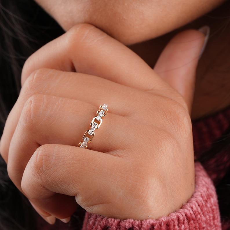 Anillo de compromiso de eslabón abierto con diamante natural Anillo de oro de 14k Anillo de cadena de eslabones para ella. en venta 1