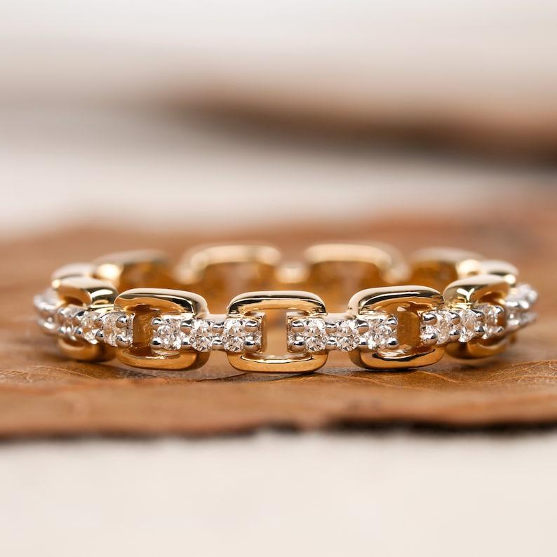 Anillo de compromiso de eslabón abierto con diamante natural Anillo de oro de 14k Anillo de cadena de eslabones para ella. en venta 2