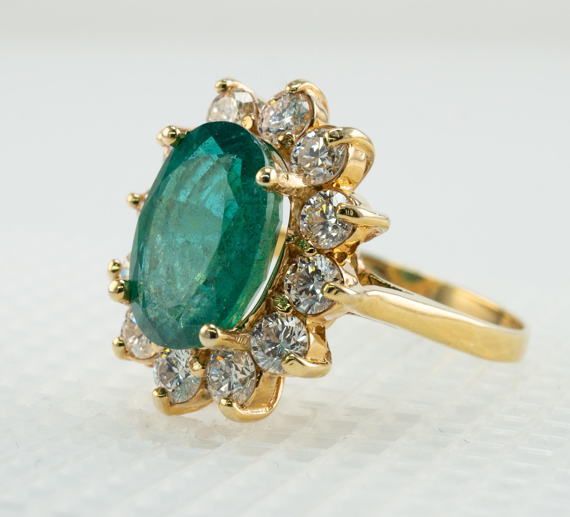 Women's Natural Diamond Oval Emerald Ring 18k Gold For Sale