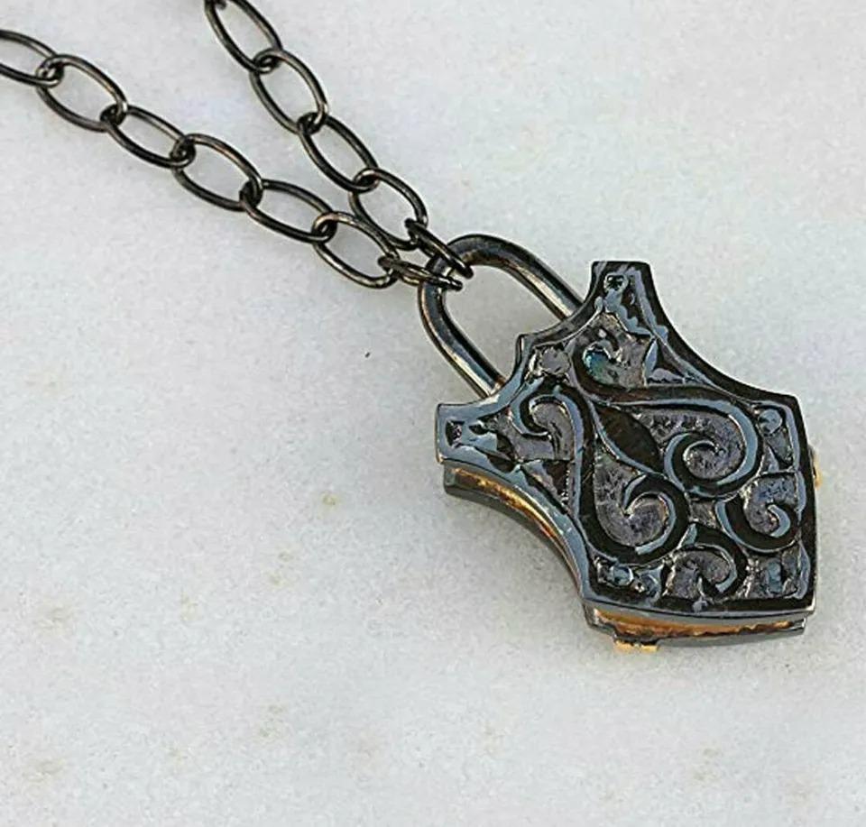 Round Cut Natural Diamond Padlock Pendant Necklace Made of 925 Sterling Silver For Sale