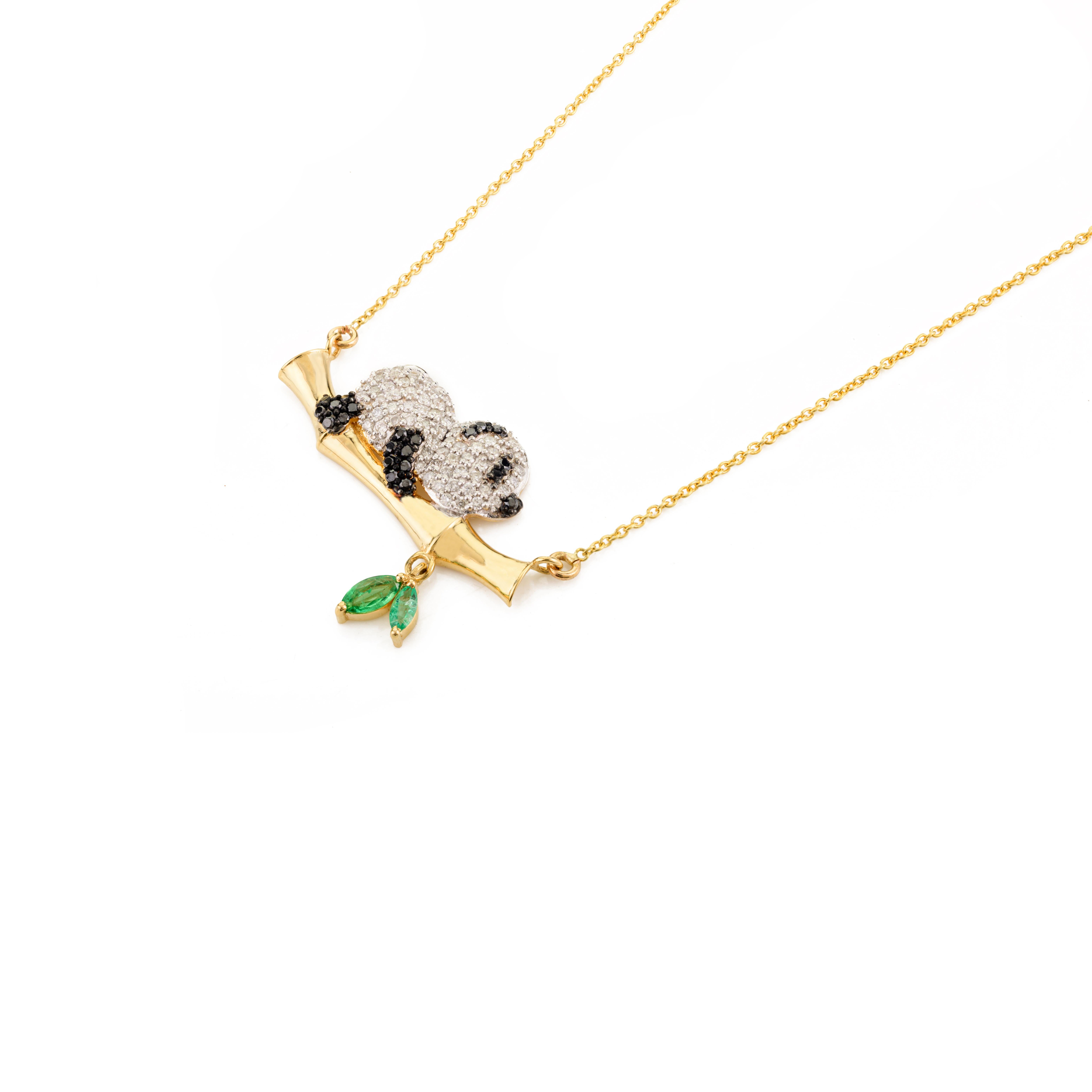 Modern Natural Diamond Panda Bear Pendant Necklace with Emerald in 18k Yellow Gold For Sale