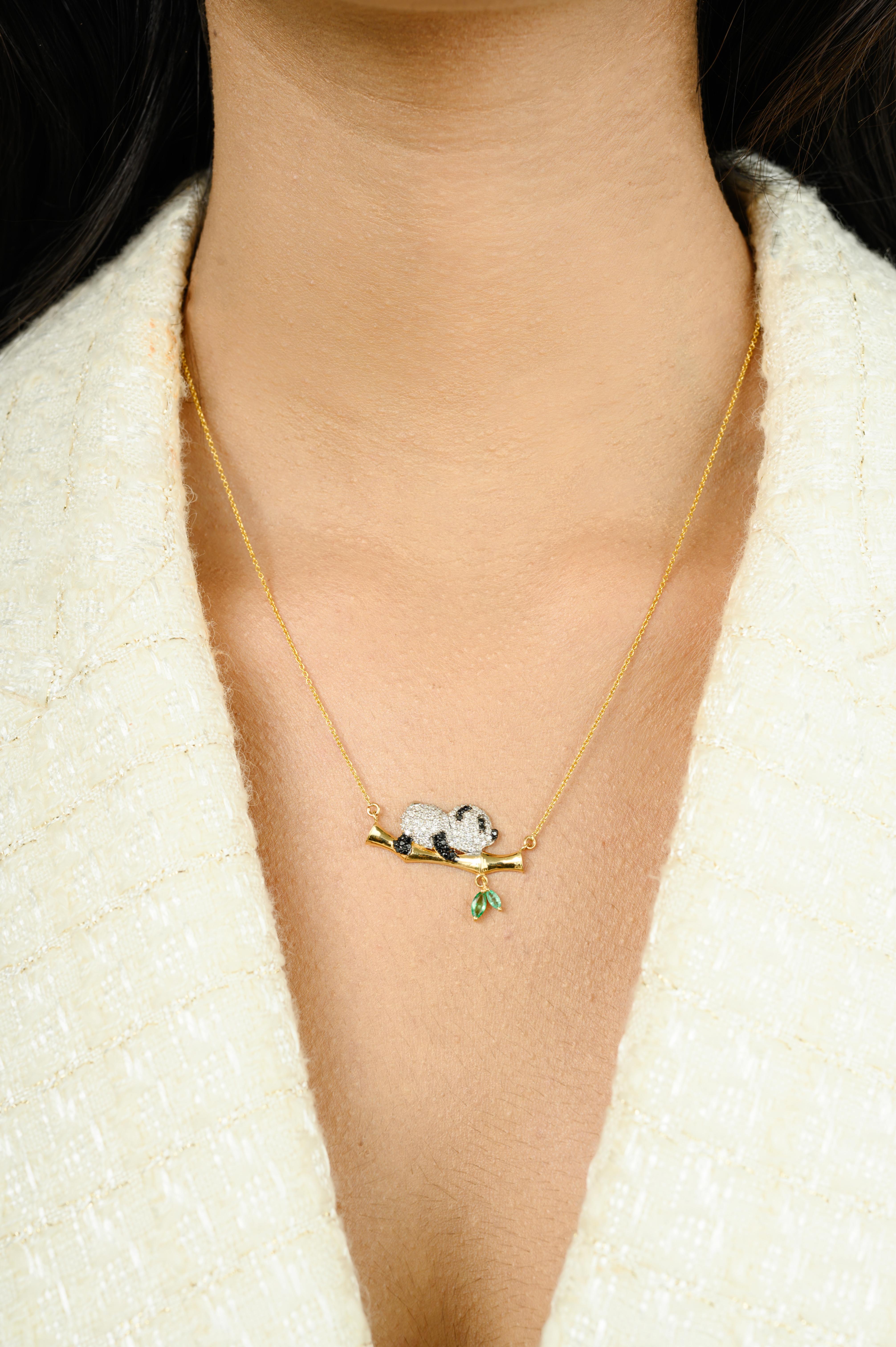 Marquise Cut Natural Diamond Panda Bear Pendant Necklace with Emerald in 18k Yellow Gold For Sale