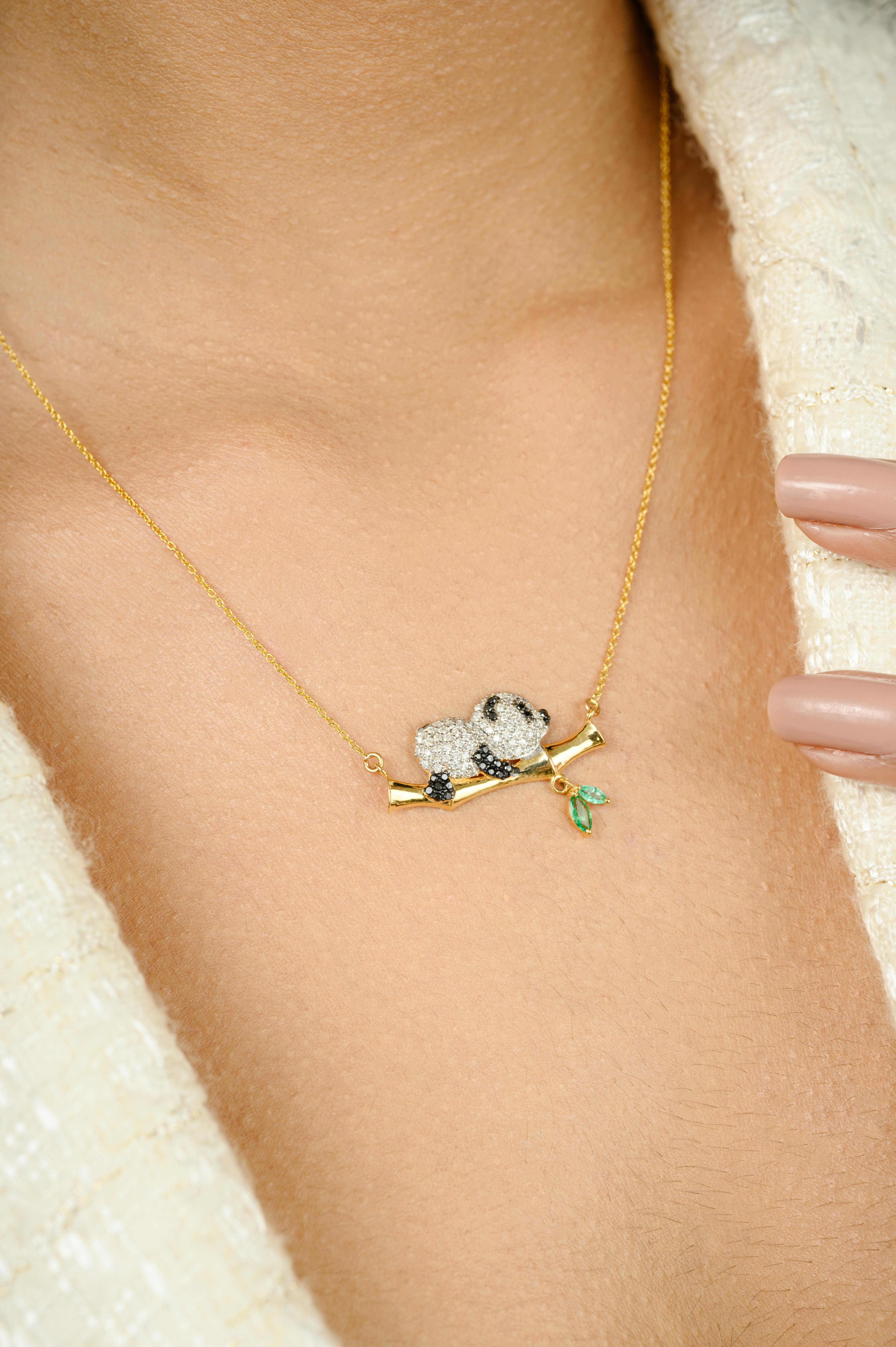 Women's Natural Diamond Panda Bear Pendant Necklace with Emerald in 18k Yellow Gold For Sale