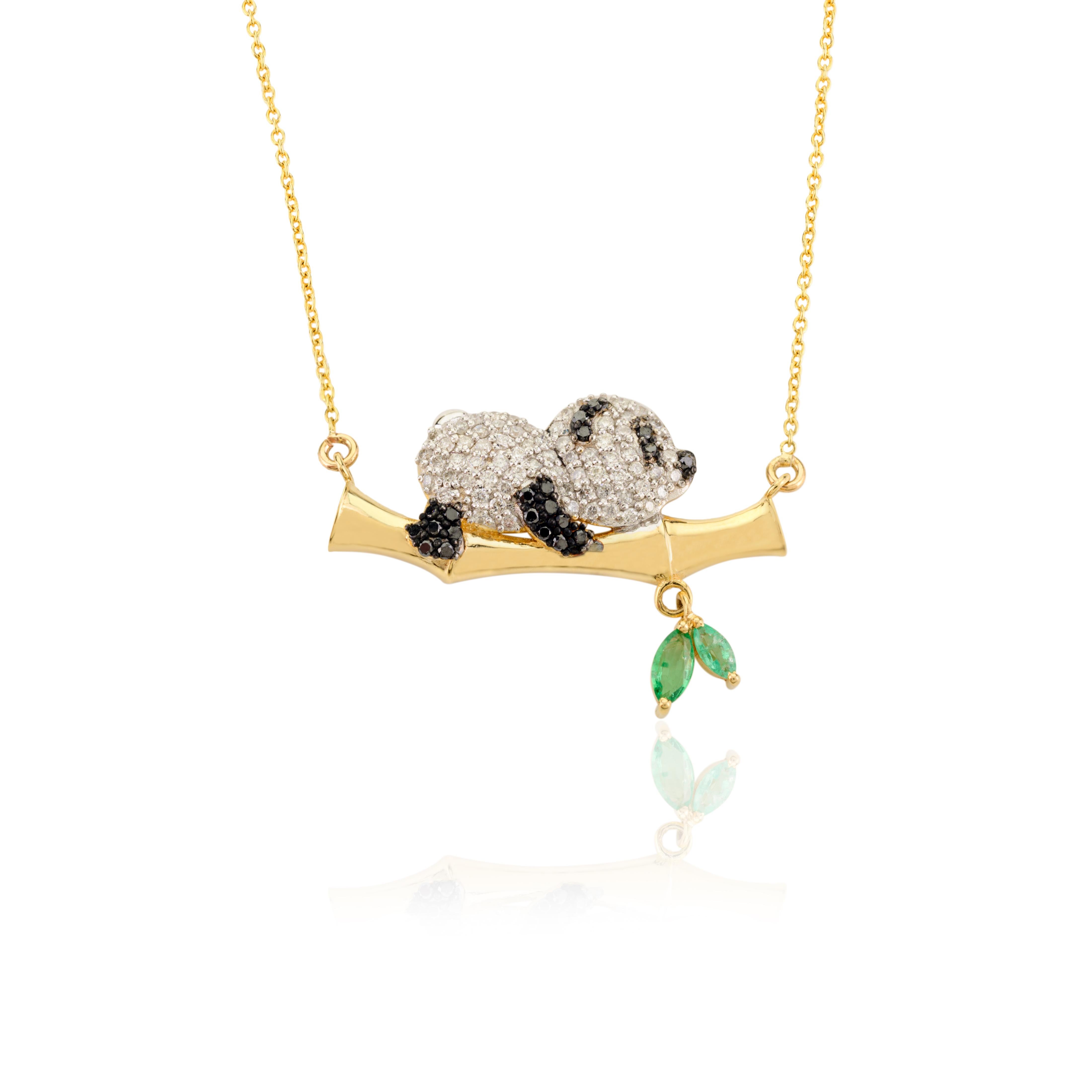Natural Diamond Panda Bear Pendant Necklace with Emerald in 18k Yellow Gold For Sale 1