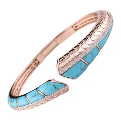 Natural Diamond Pave and Turquoise Inlay Mosaic 18 Karat Rose Gold Cuff Bracelet