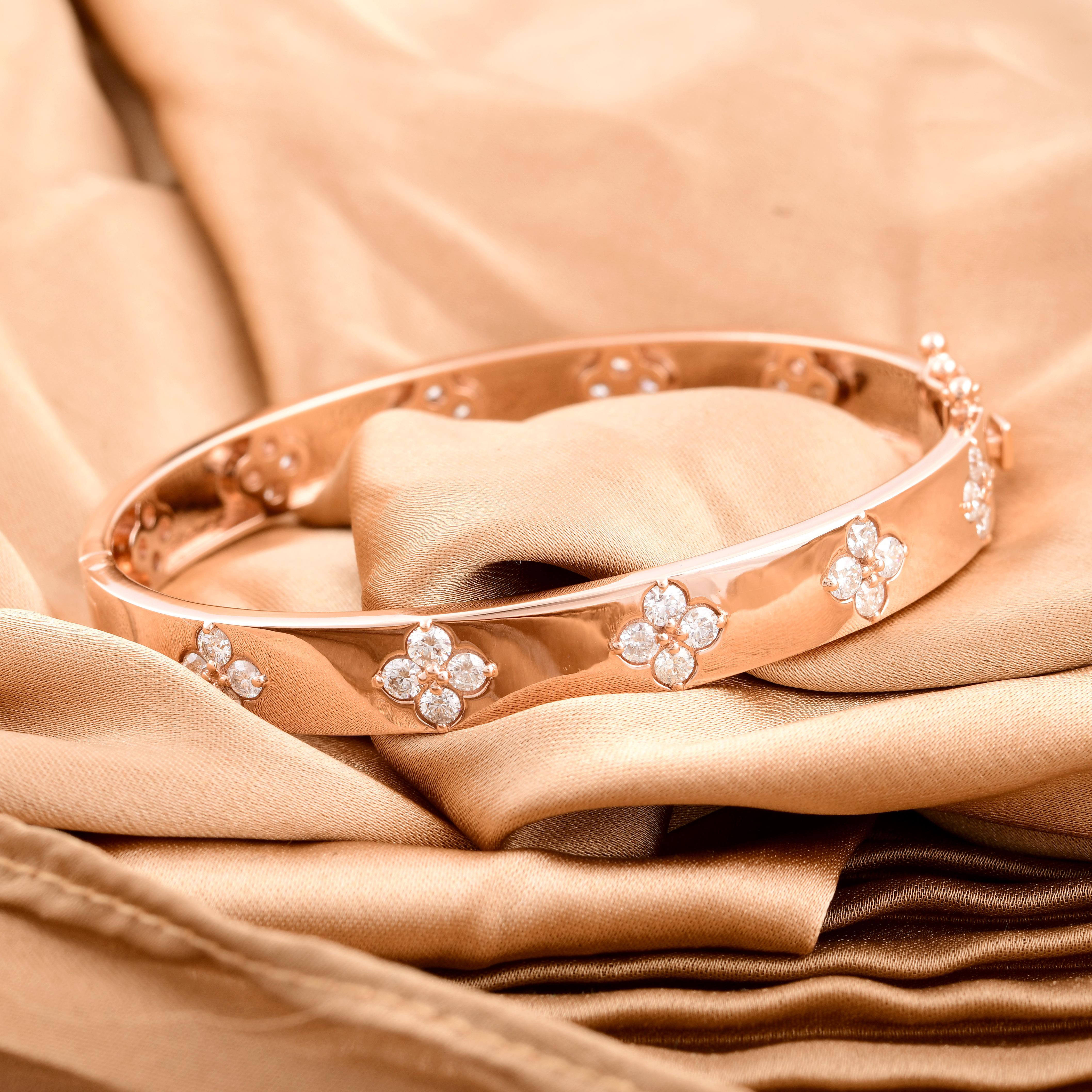 Round Cut Natural Diamond Pave Clover Charm Bangle Bracelet 14 Karat Rose Gold Jewelry For Sale