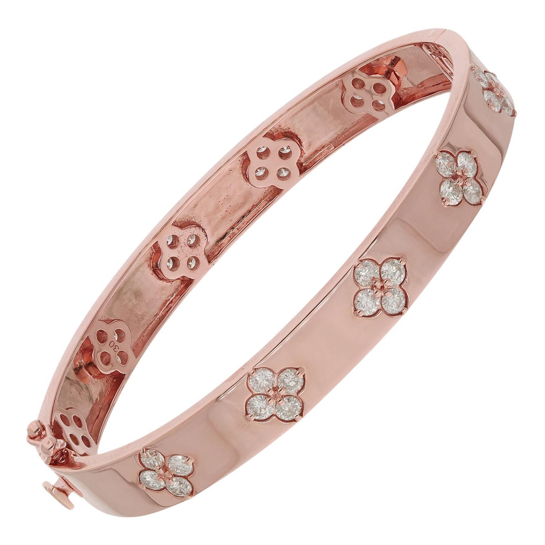 Bracciale Charm Bangle con diamanti naturali e pavé di trifoglio Gioielli in oro rosa 14 carati