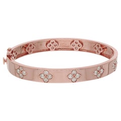 Natural Diamond Pave Clover Charm Bangle Bracelet 18 Karat Rose Gold Jewelry