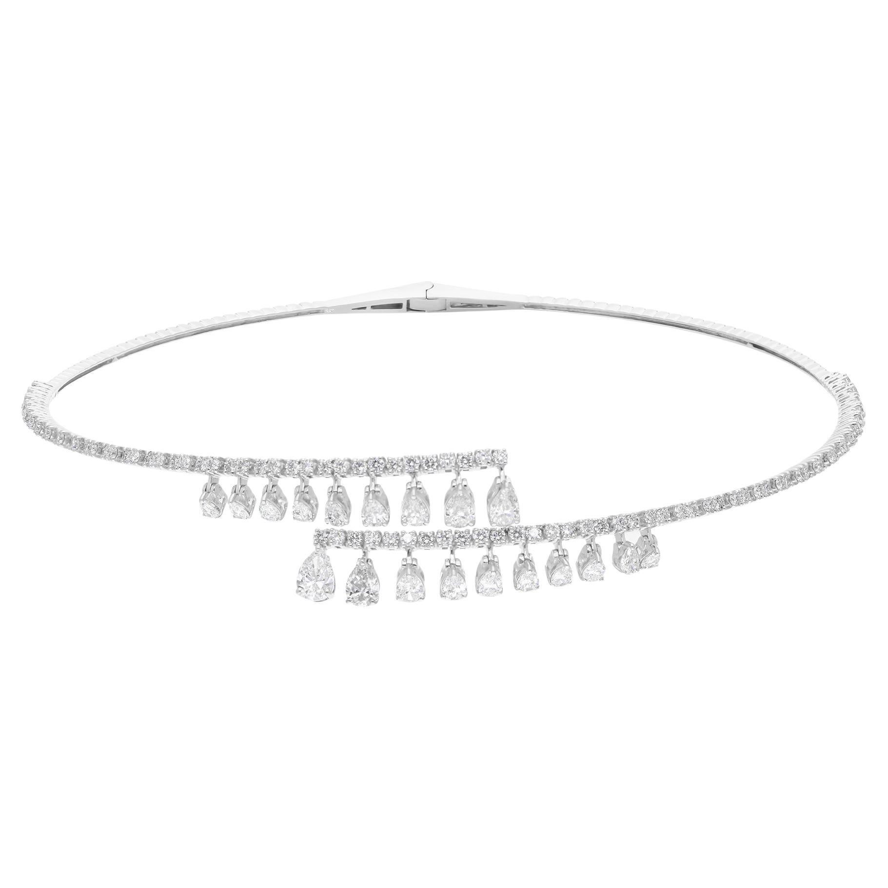 Collana con pavé di diamanti naturali a doppia fila, girocollo e pera, oro bianco 18 carati 6,15 carati