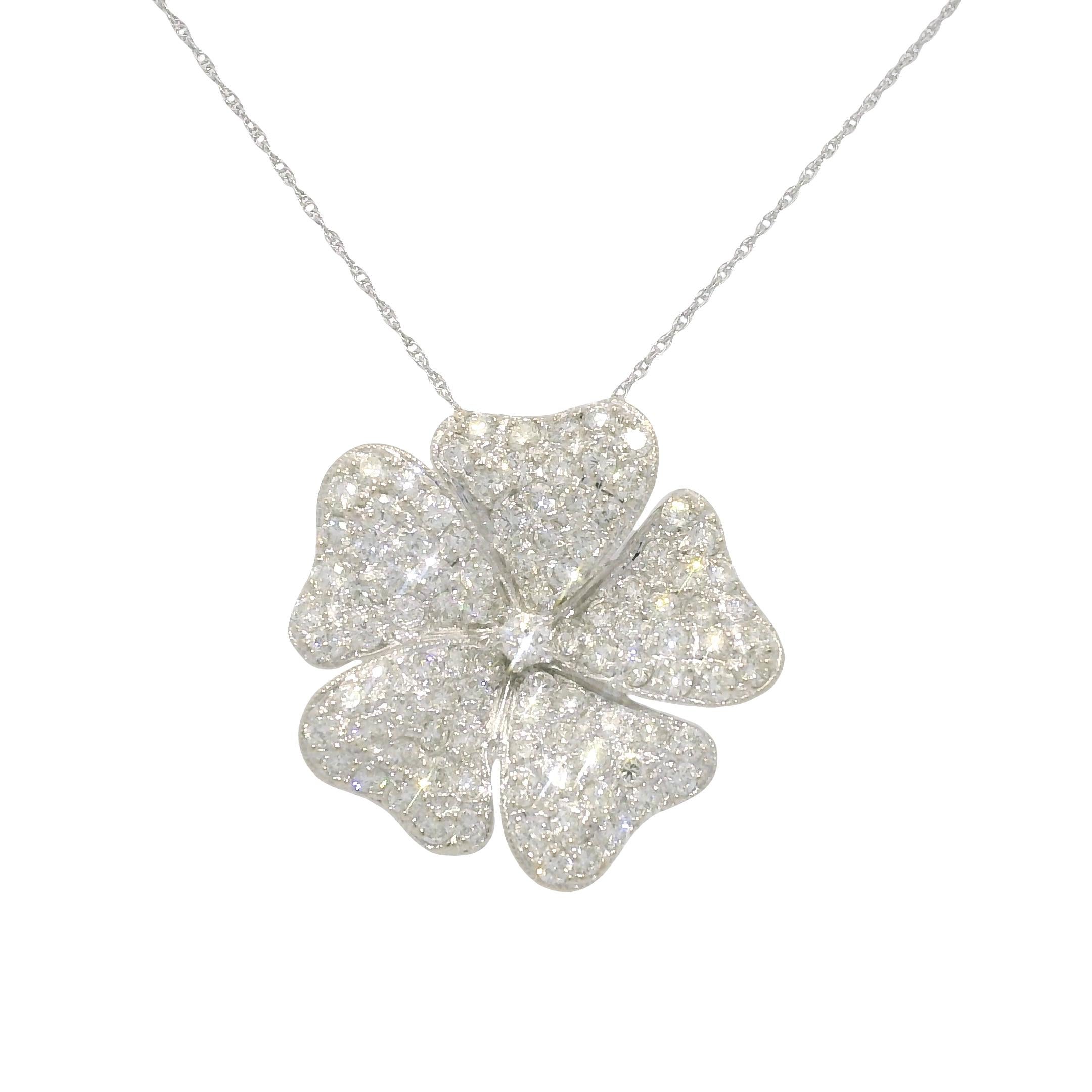 Natural Diamond Pave Flower 18-Karat Pendant Necklace In Stock