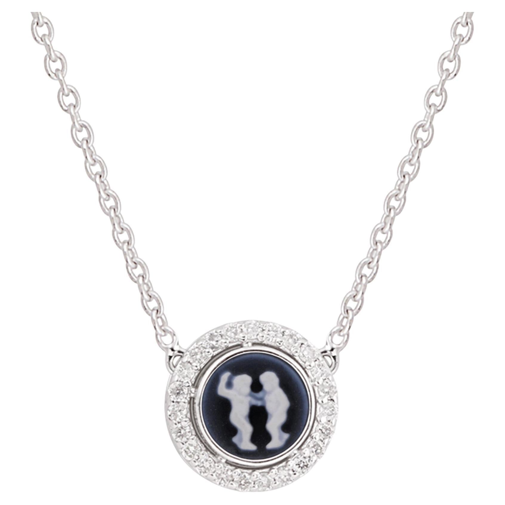 Natural Diamond Pave Gemini Zodiac Charm Pendant Necklace 14 Karat White Gold