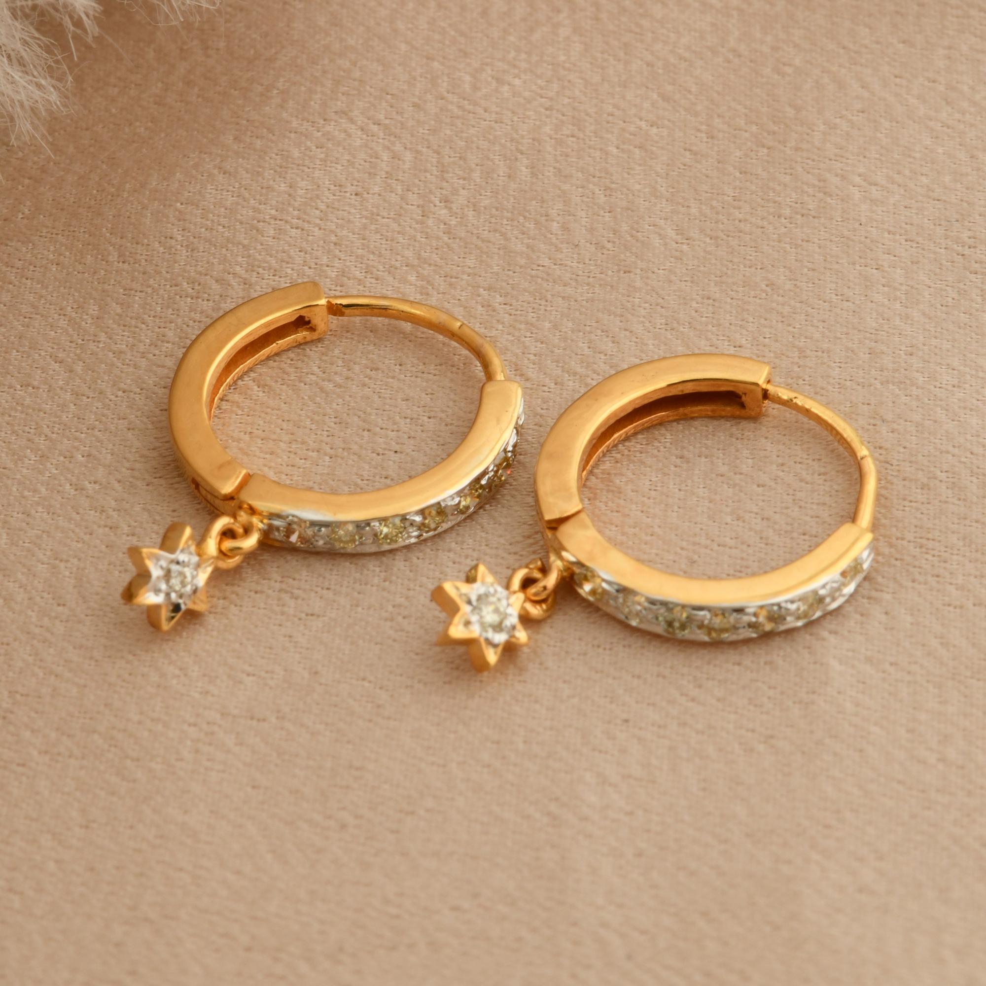 Round Cut Natural Diamond Pave Star Charm Hoop Earrings 18 Karat Yellow Gold Jewelry For Sale