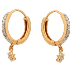 Natural Diamond Pave Star Charm Hoop Earrings 18 Karat Yellow Gold Jewelry