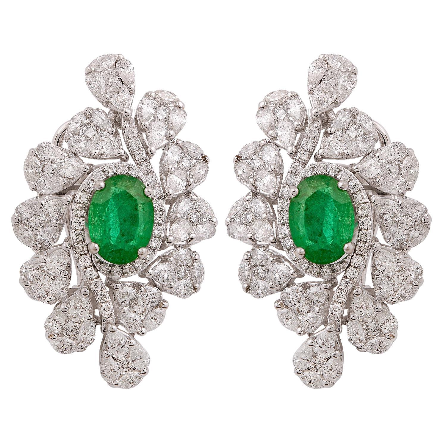 Natural Diamond Pave Stud Earrings Natural Emerald Solid 14k White Gold Jewelry