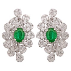 Natural Diamond Pave Stud Earrings Natural Emerald Solid 14k White Gold Jewelry