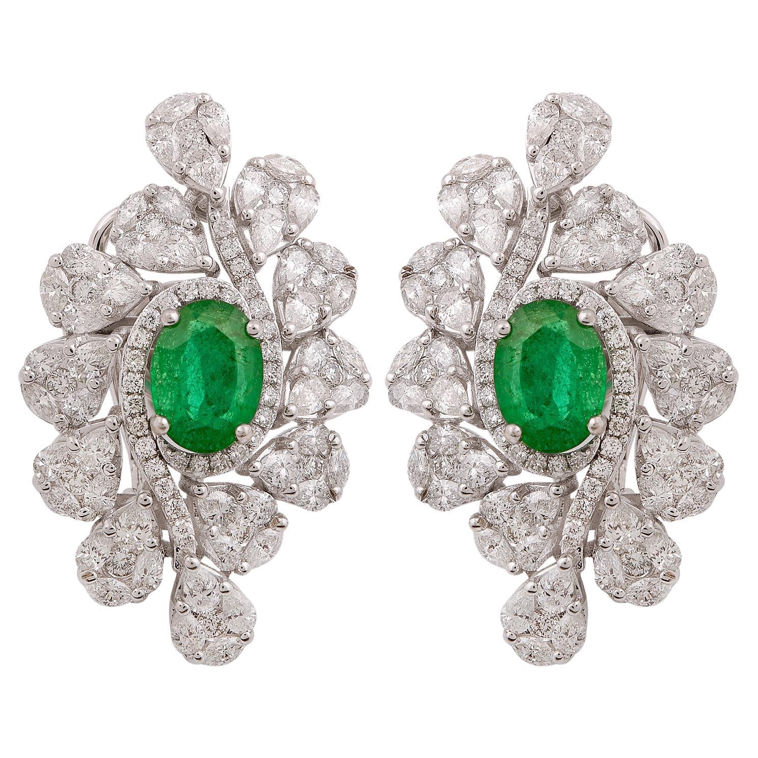 Natürliche Diamant-Pavé-Ohrstecker Natürlicher Smaragd Massiv 18k Weißgold Schmuck