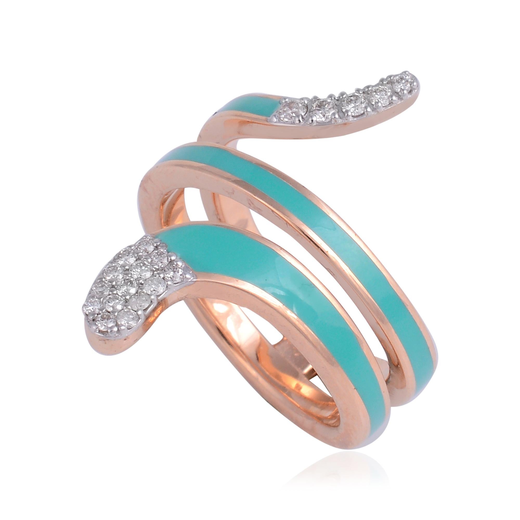 Modern Natural Diamond Pave Turquoise Enamel Snake Wrap Ring 14 Karat Rose Gold Jewelry For Sale