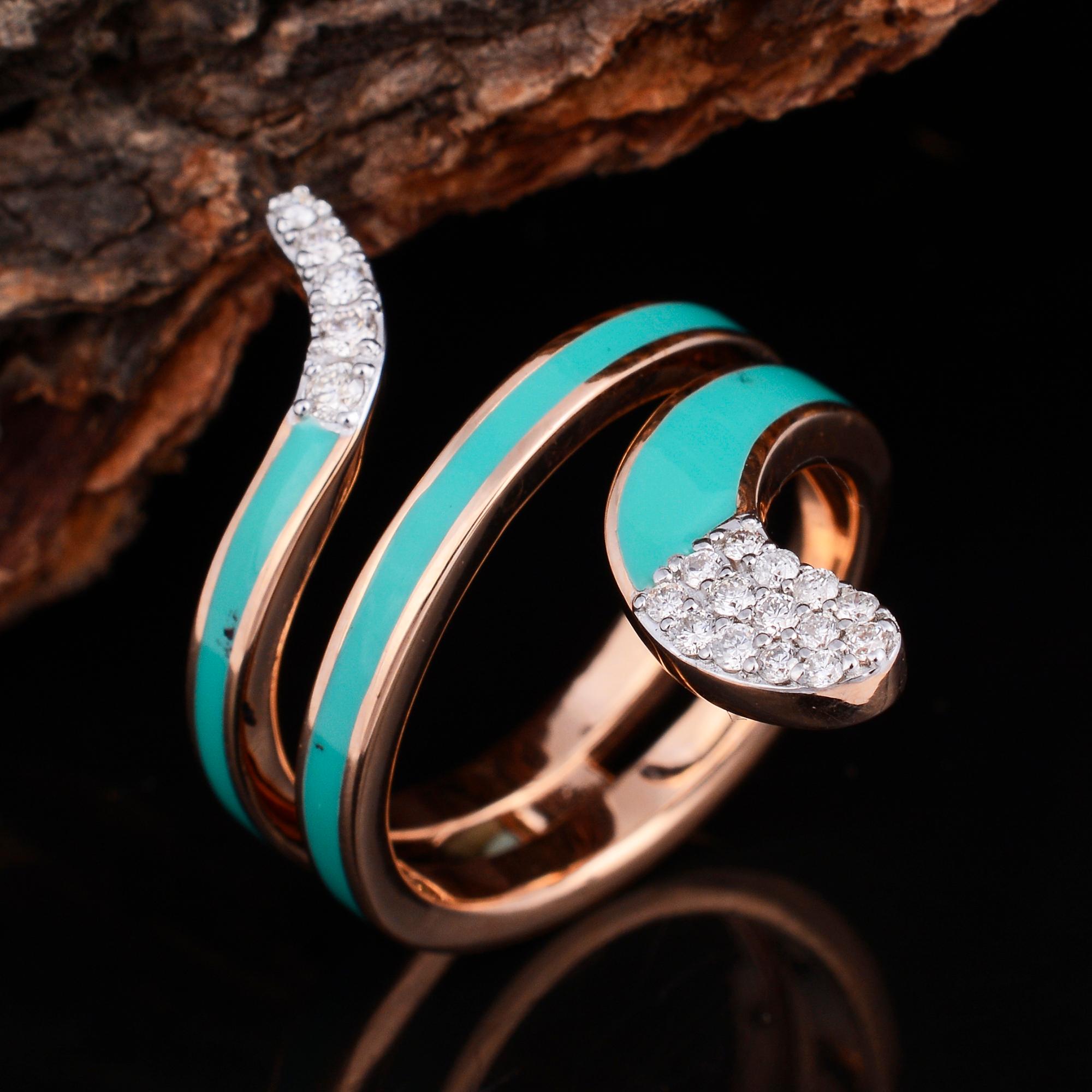 Round Cut Natural Diamond Pave Turquoise Enamel Snake Wrap Ring 14 Karat Rose Gold Jewelry For Sale