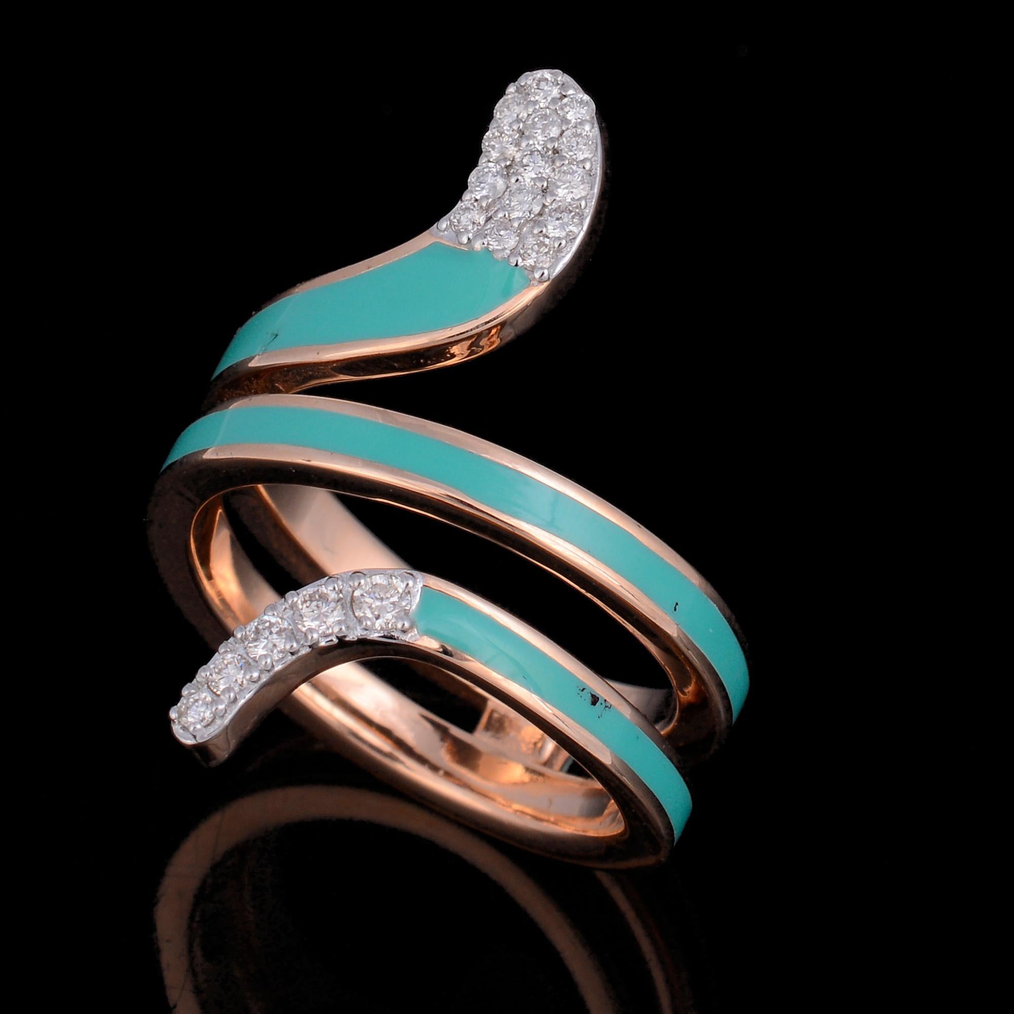 Women's Natural Diamond Pave Turquoise Enamel Snake Wrap Ring 14 Karat Rose Gold Jewelry For Sale