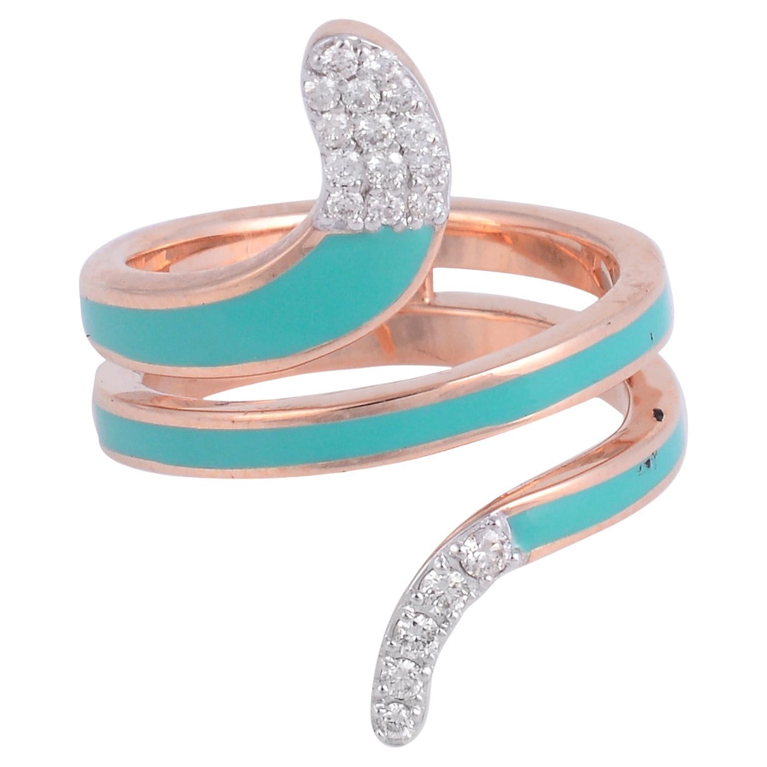 Natural Diamond Pave Turquoise Enamel Snake Wrap Ring 14 Karat Rose Gold Jewelry For Sale