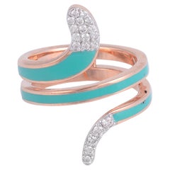 Natural Diamond Pave Turquoise Enamel Snake Wrap Ring 14 Karat Rose Gold Jewelry
