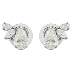 Natural Diamond Pear Cluster Stud Earrings 0.84 Carats in 18K White Gold