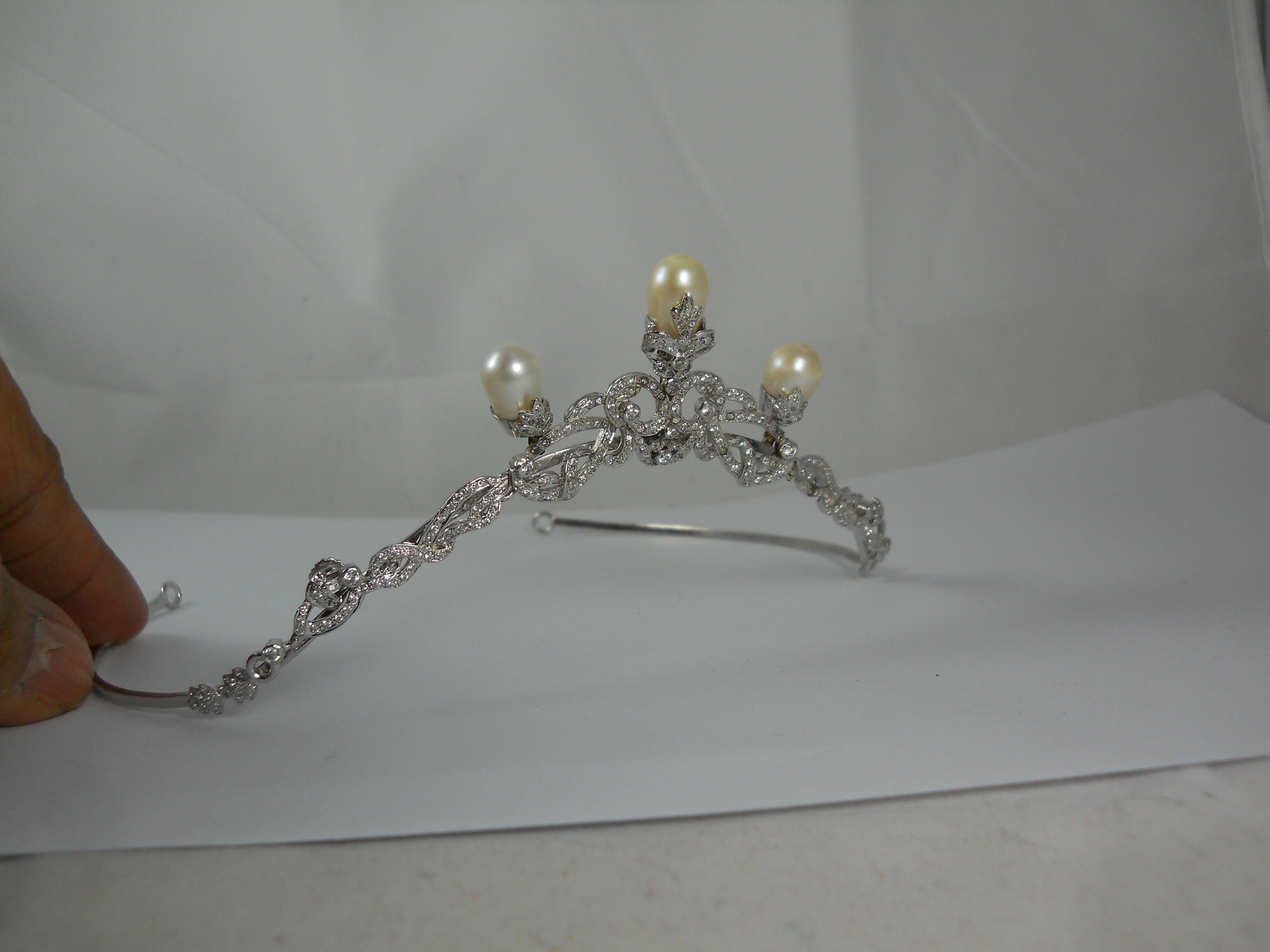 Natürliche Diamantperlen Tropfen Sterling Silber Cabrio Tiara Stirnband Halskette (Edwardian) im Angebot