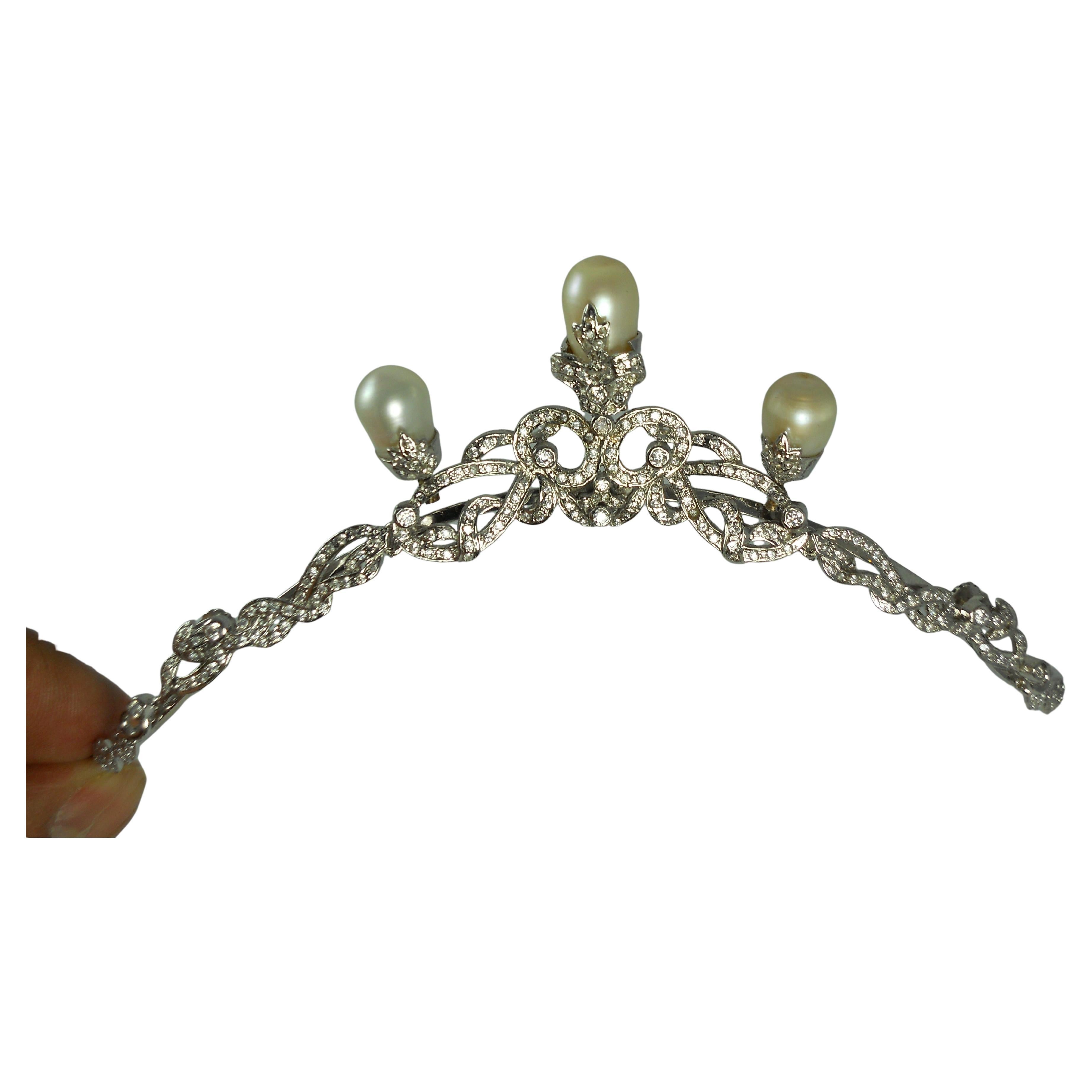 Natürliche Diamantperlen Tropfen Sterling Silber Cabrio Tiara Stirnband Halskette im Angebot