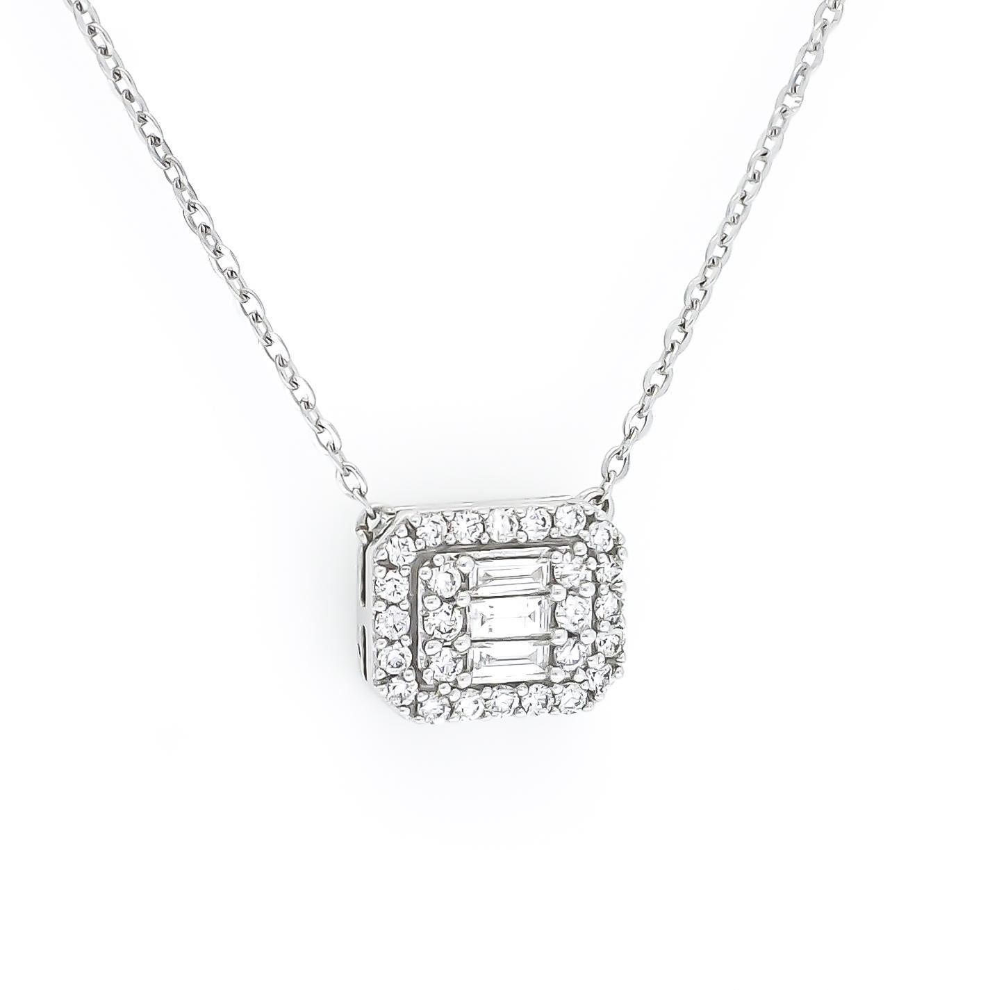 Halskette mit natürlichem Diamant-Anhänger 0,22 Karat 18KT Weißgold Cluster Halo Kette (Baguetteschliff) im Angebot
