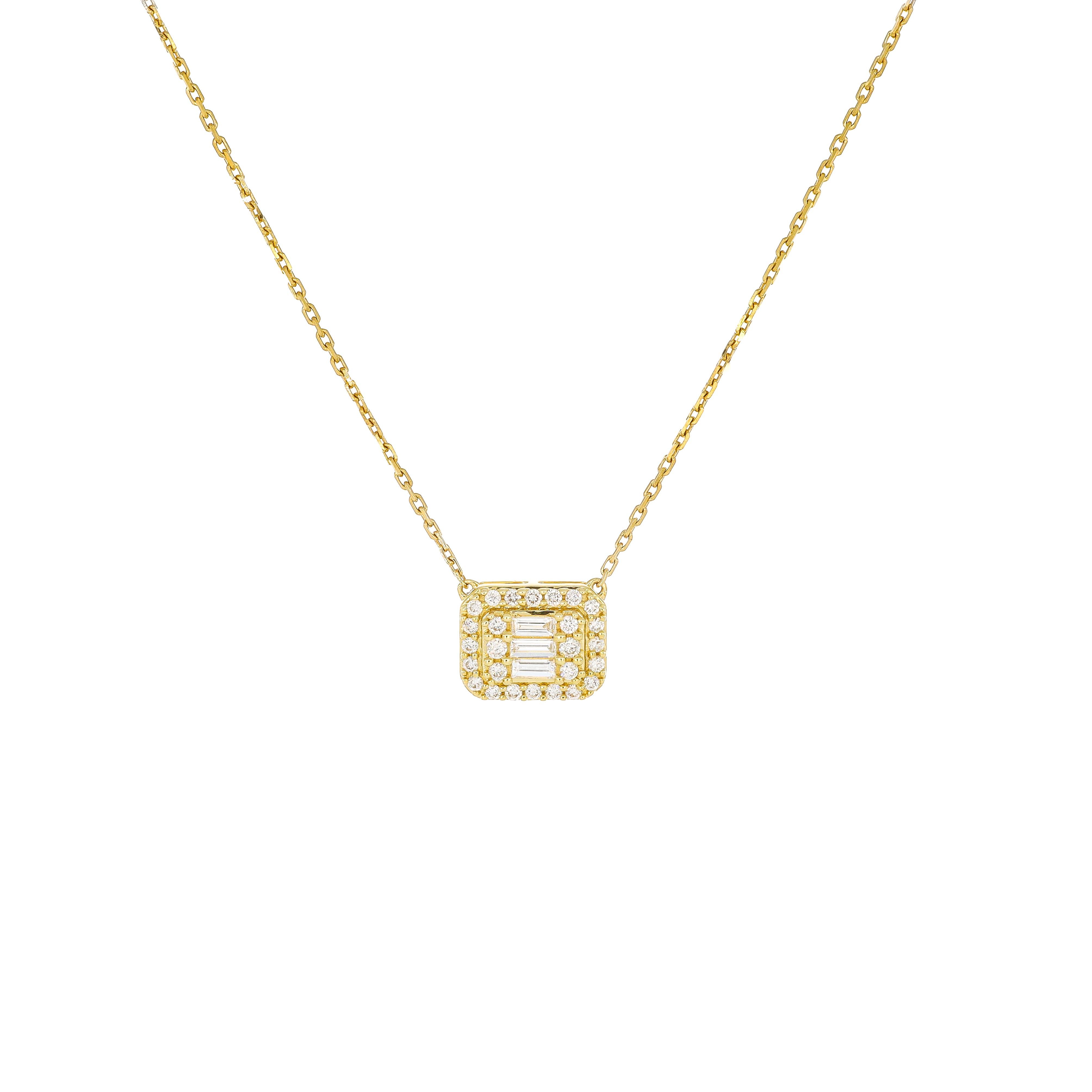 At its core, the pendant showcases a captivating cluster of baguette and round diamonds, meticulously arranged to create a stunning visual impact. The interplay of shapes and cuts adds depth and dimension to the design, while the brilliance of the