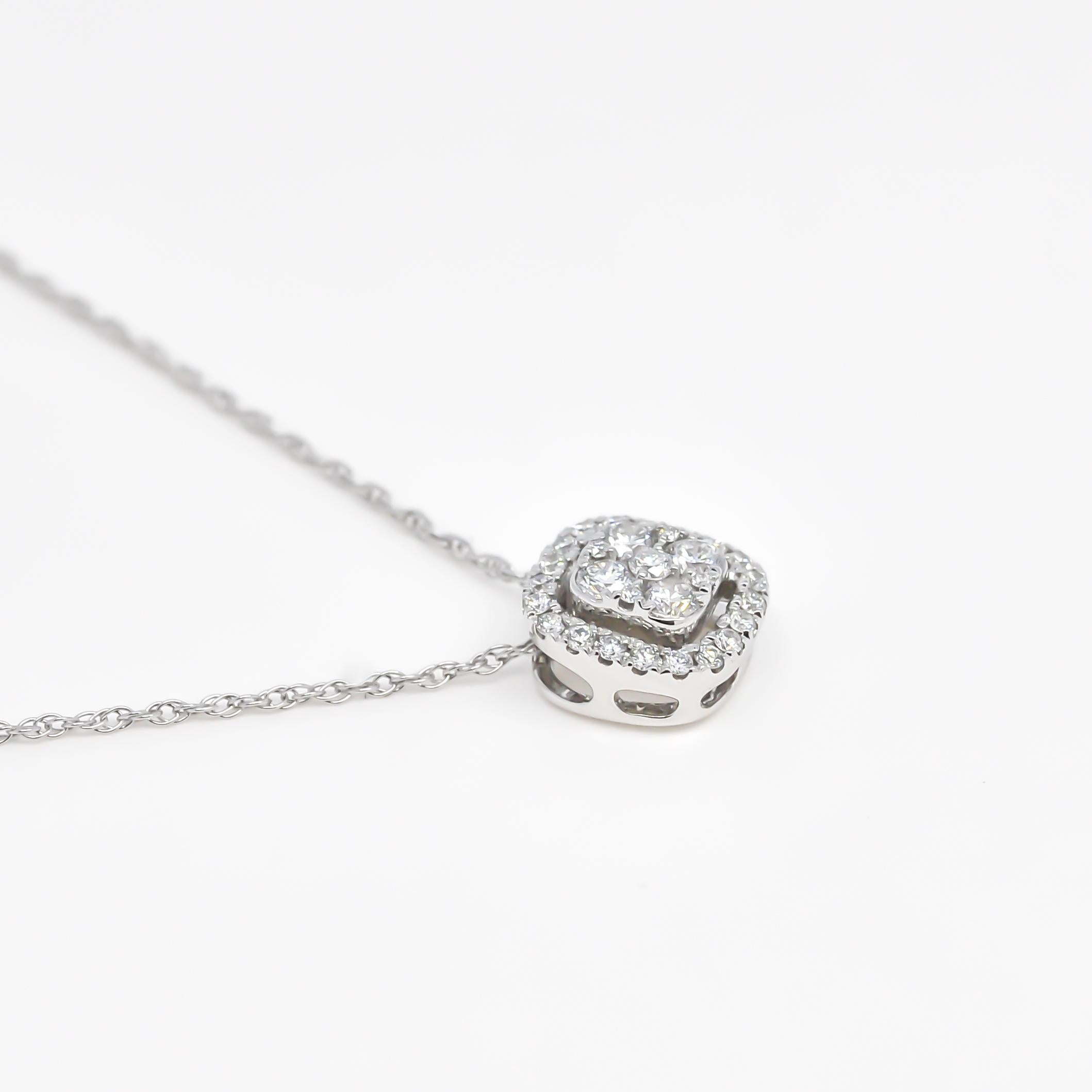 Round Cut Natural Diamond Pendant 0.30 cts 18KT White Gold Square Halo Pendant Necklace  For Sale