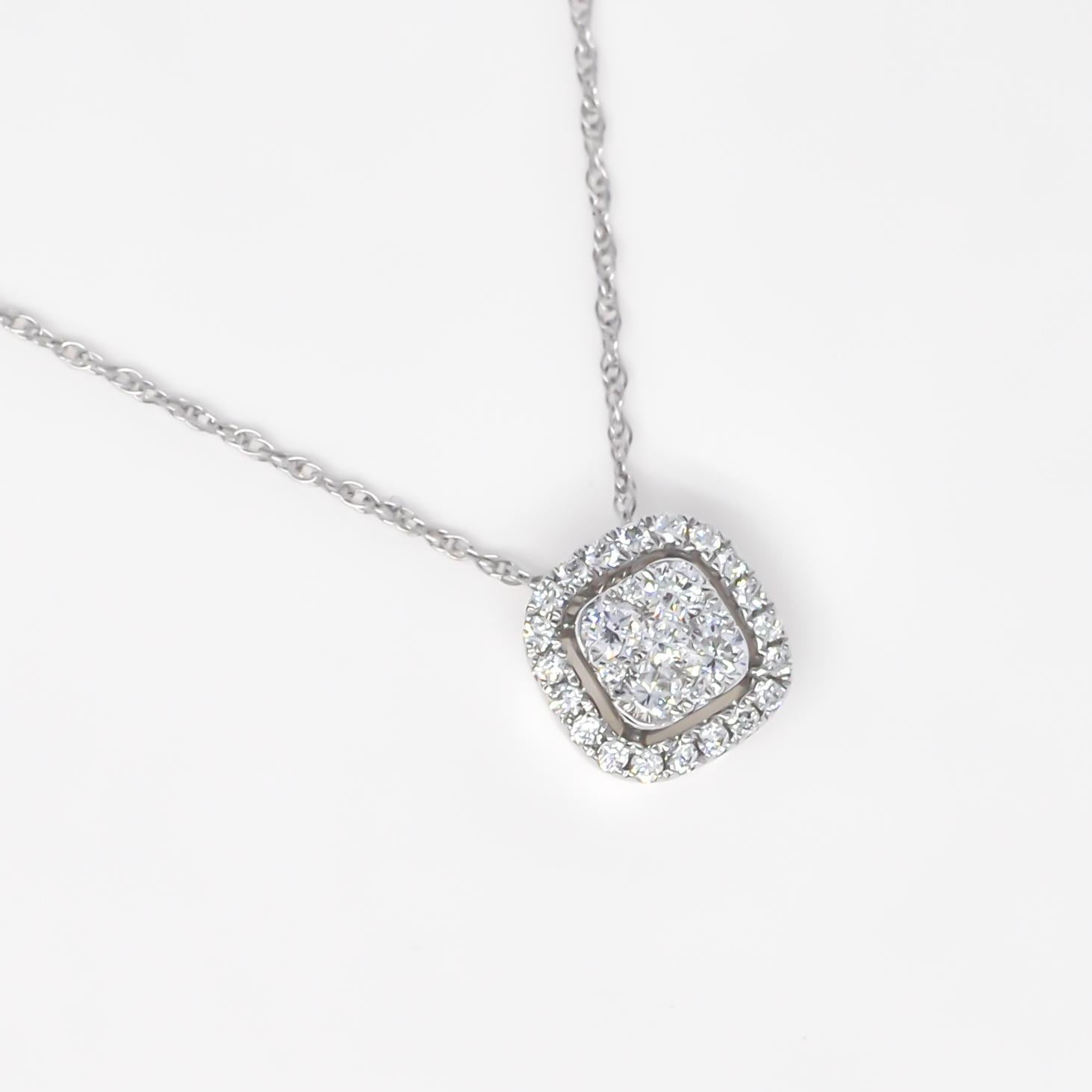 Natural Diamond Pendant 0.30 cts 18KT White Gold Square Halo Pendant Necklace For Sale 1