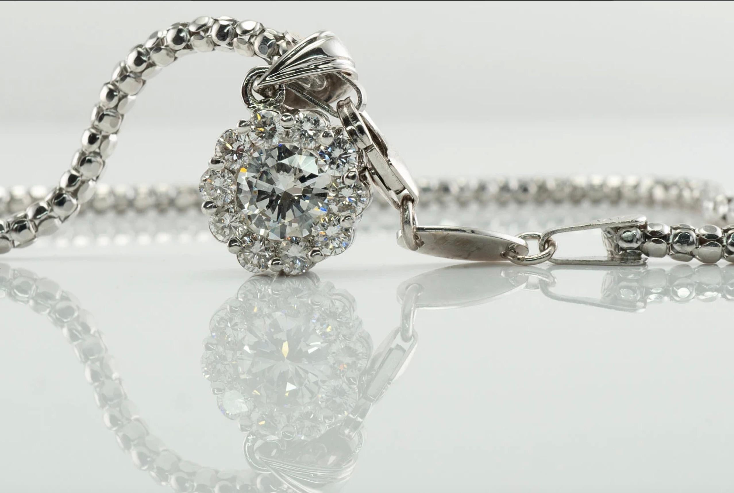 Natural Diamond Pendant Necklace 14K White Gold 1.20 cts TDW Halo For Sale 2