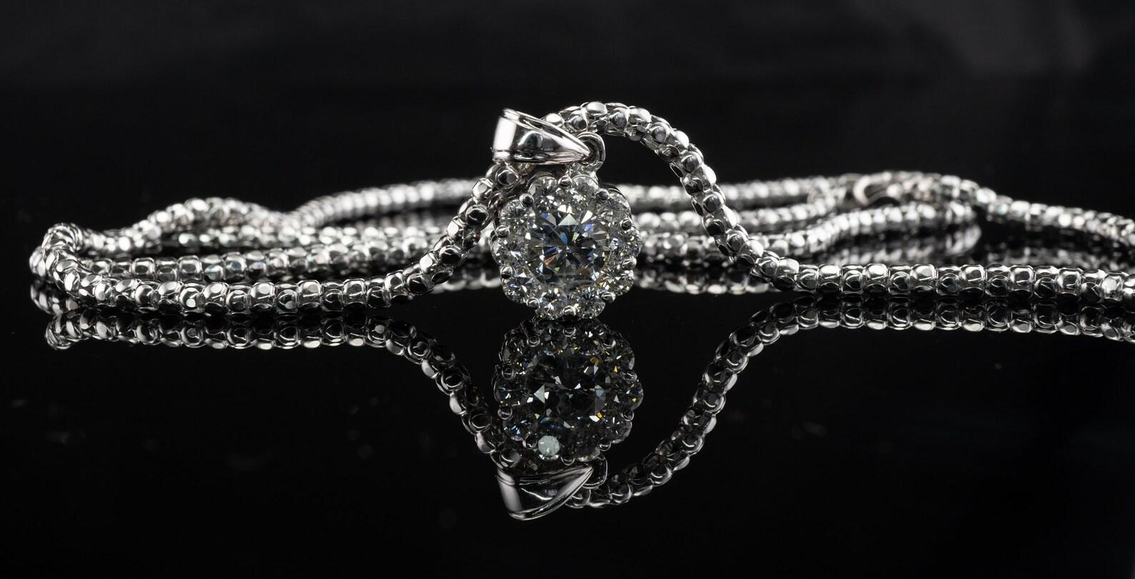 Rough Cut Natural Diamond Pendant Necklace 14K White Gold 1.20 cts TDW Halo For Sale