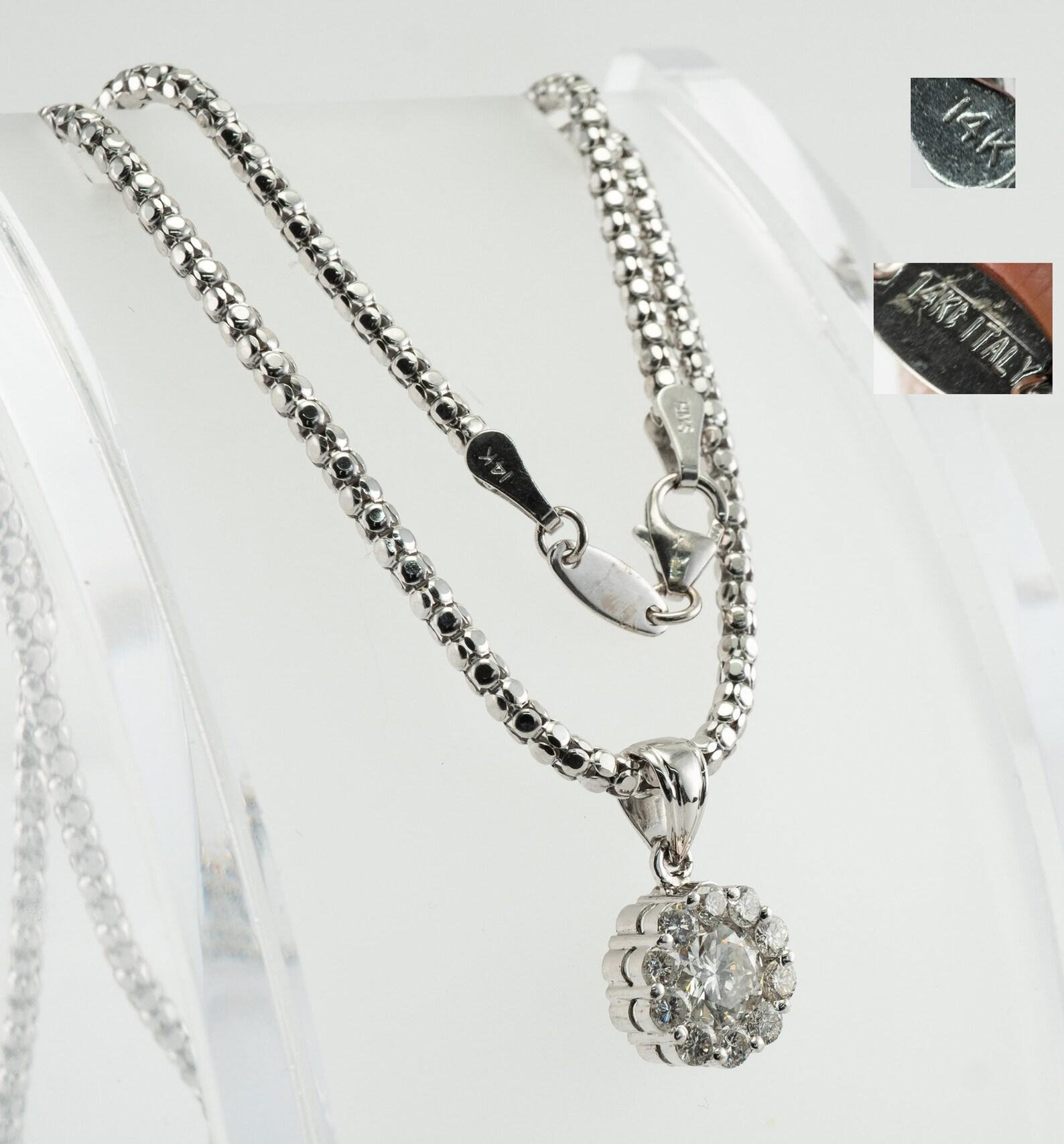 Natural Diamond Pendant Necklace 14K White Gold 1.20 cts TDW Halo In Good Condition For Sale In East Brunswick, NJ