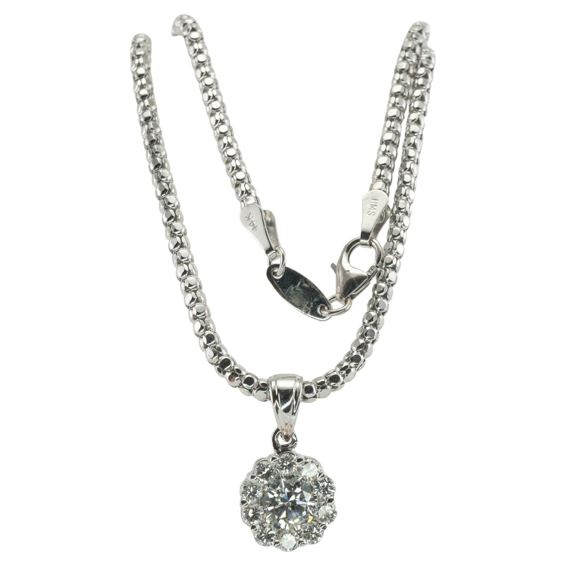 Natural Diamond Pendant Necklace 14K White Gold 1.20 cts TDW Halo