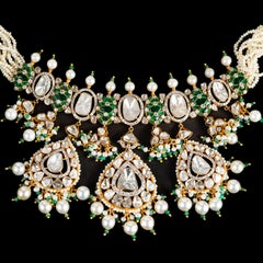 Natural Pearl, Emerald Beads, Diamond Polki Necklace set in 14k Gold