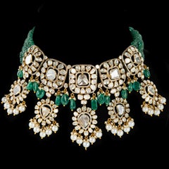 Natural Pearl, Emerald Beads, Diamond Polki Necklace set in 14k Gold