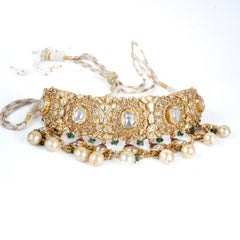 Natural Pearl, Emerald Beads, Diamond Polki Necklace set in 14k Gold
