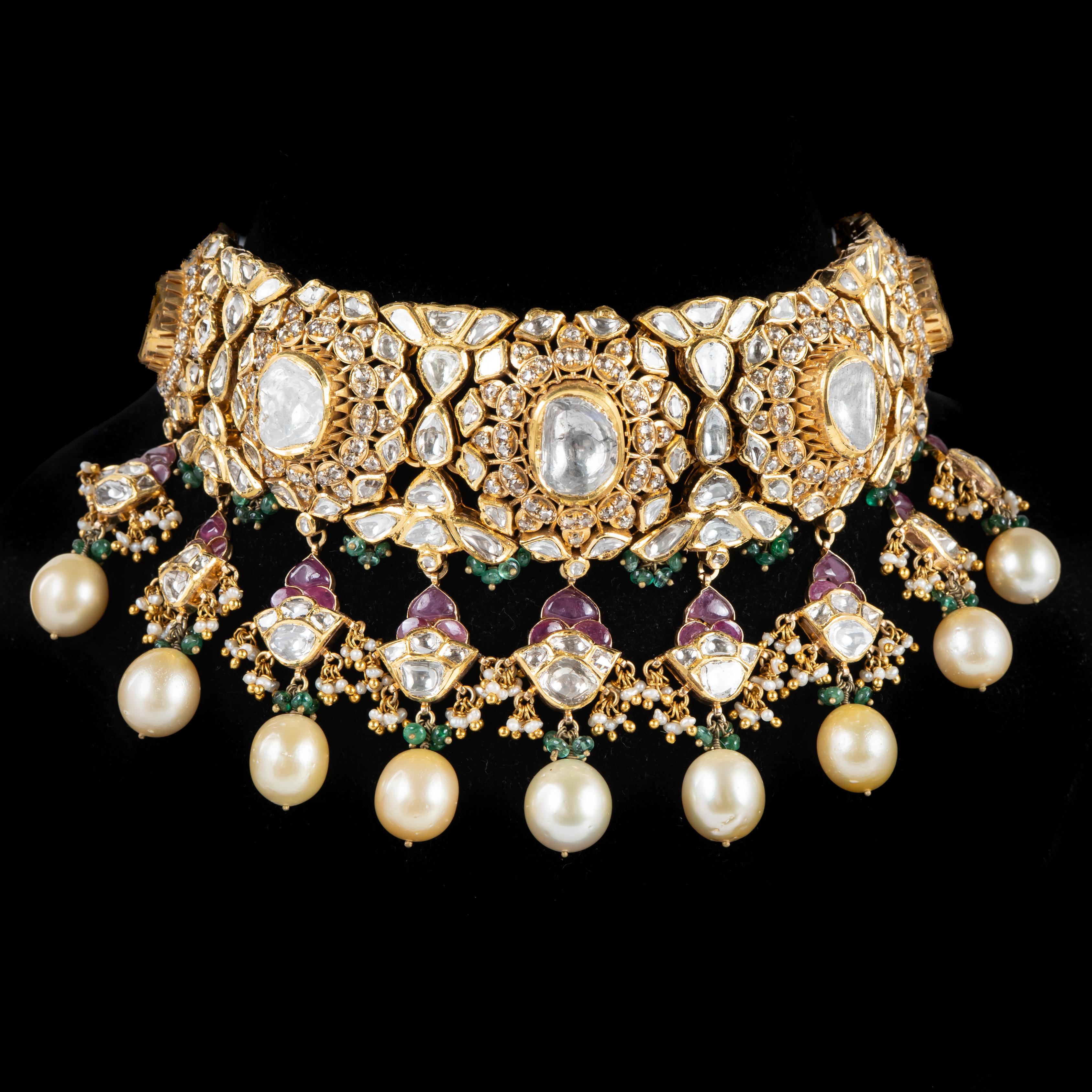 Mixed Cut Natural Diamond polki necklace set in 14k gold For Sale