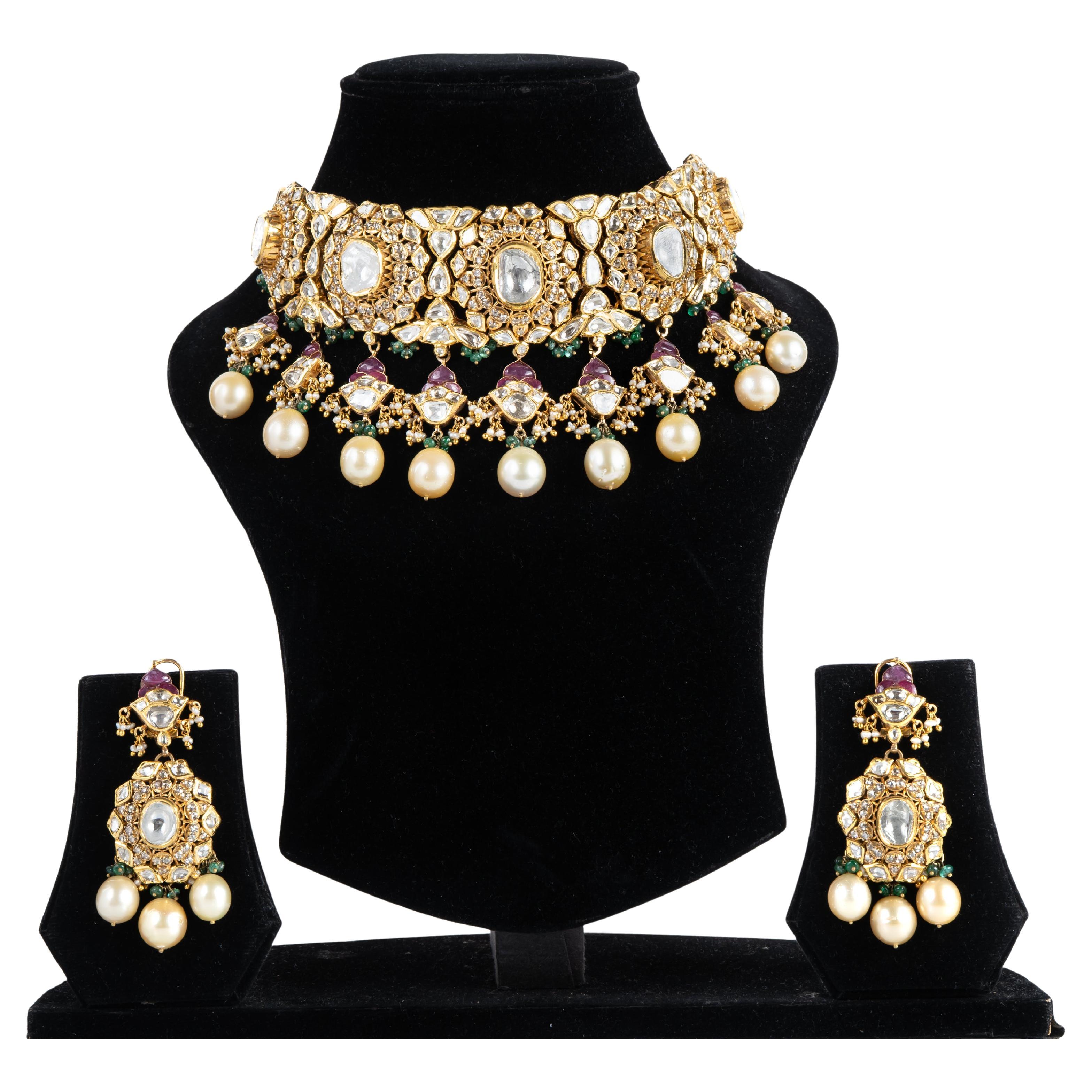 Natural Diamond polki necklace set in 14k gold