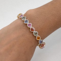 Natural Diamond Rainbow Sapphire Heart 14k Gold Fine Bangle Jewelry